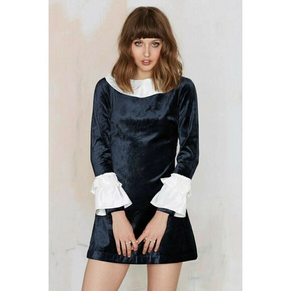 Nasty Gal To Be Adored Aga A-Line Ruffle Sleeve Velvet Dress - Picture 1 of 11